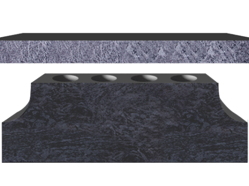 Cremation Pedestal Bench 4-0x1-2x0-4 Custom Bahama Blue Pedestal 3-6x0-10x1-2 P2/BRP w/ (4) 6"x10" Core Holes Seat AP, Pedestal Feet 4"; No Drain Holes